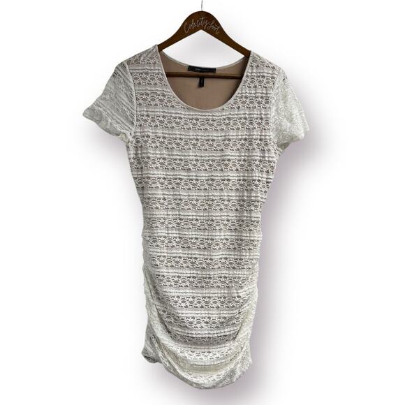 BCBG Maxazria White Lace Mini Dress Large Stretchy Fitted - Picture 1 of 7